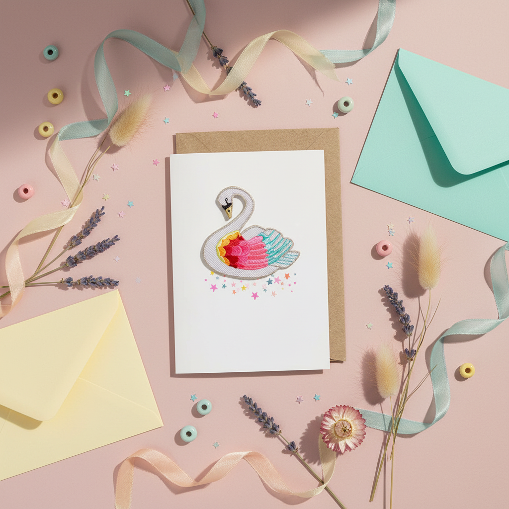 Grußkarte mit Patch - Regenbogenschwan