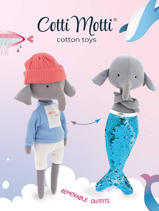 Alice, der Elefant, Plüschtier mit blauem T-Shirt und Meerjungfrauenschwanz – 29 cm