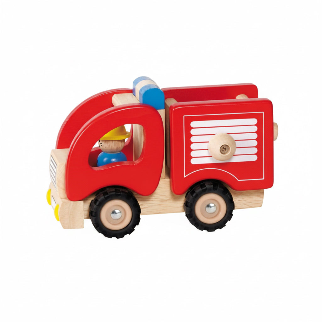 Véhicule en bois: CAMION SAPEURS-POMPIERS 16,7x9x10,5cm, avec pneus en caoutchouc, 2+