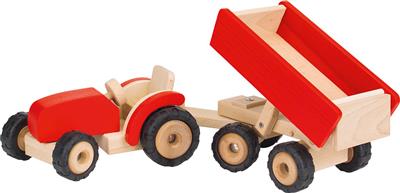 Véhicule en bois: TRACTEUR avec REMORQUE 52x14,5x14cm, rouge, avec des pneus en caoutchouc, Made in Europe, 3+