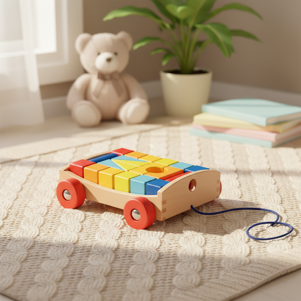 Chariot à tirer en bois avec blocs de construction – vue produit 2
