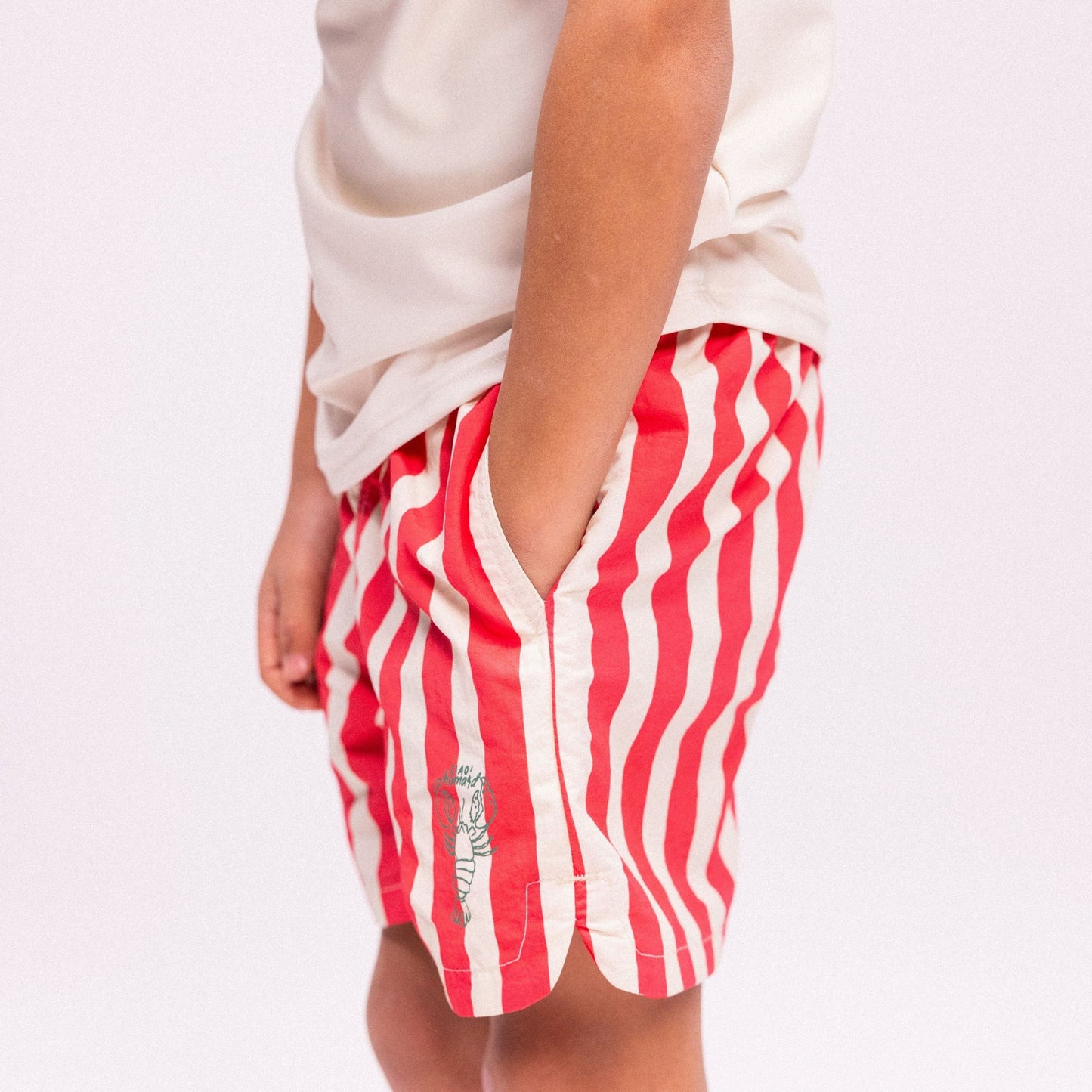 Badeshorts - Beige/Rot - Hummerstreifen
