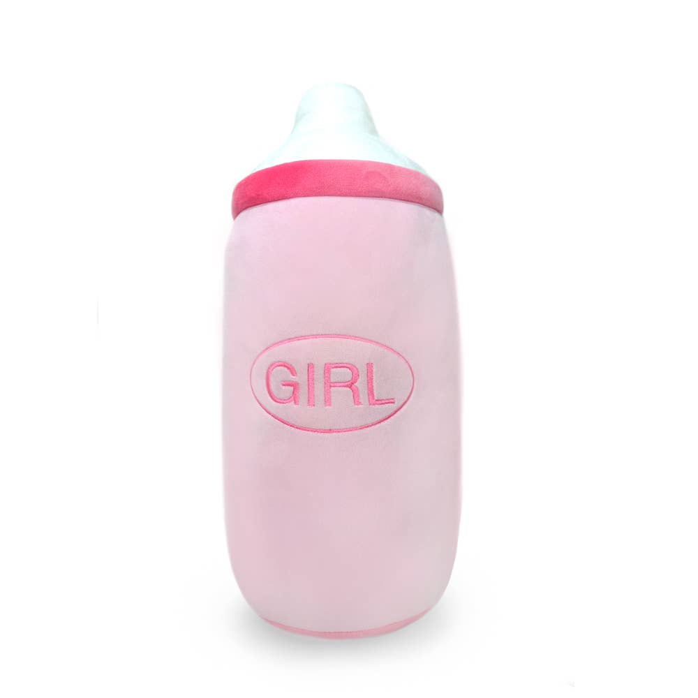 Dekoratives Kissen in Rosa für Mädchen, das an Babyflaschen erinnert