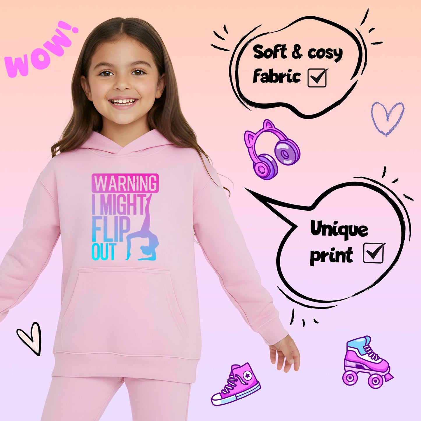 Fringoo Gymnastic Sweat à capuche for enfant Cotton Rich Soft Hooded Sweatshirt- Gymnastic Flip out- rose