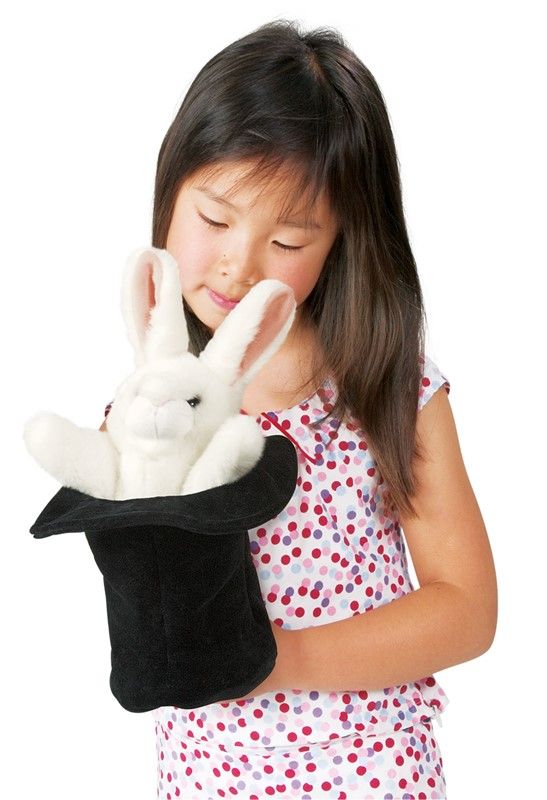 Handpuppe mit weißem Kaninchen und Hut