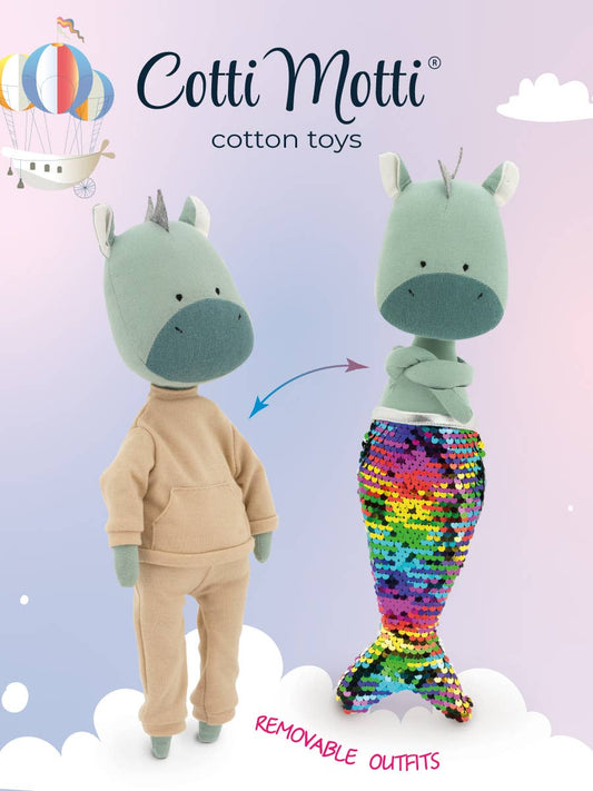Andy, der Drache, Plüschtier: Beigefarbenes Outfit und Meerjungfrauenschwanz-Set – 29 cm