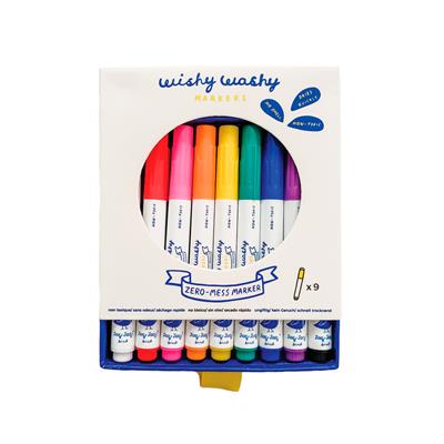 Jaq Jaq Bird: MARQUEURS WISHY WASHY, set de 9 couleurs, inodore et lavable, 3+