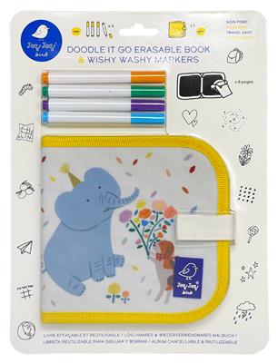 Jaq Jaq Bird: MINI DOODLE IT & GO ELEPHANT & 4 Wishy Washy Markers 28x21x2,5cm, cahier ardoise (15x15cm) avec 8 pages, effaçable, en blister, 3+