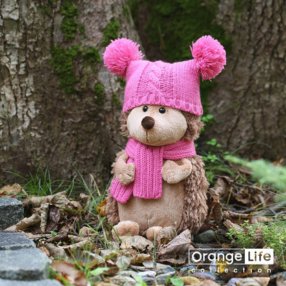 Fluffy hedgehog plush toy with double pom-pom hat, 15 cm