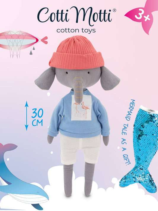 Alice, der Elefant, Plüschtier mit blauem T-Shirt und Meerjungfrauenschwanz – 29 cm