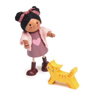 Tender Leaf Meubles de Poupées: POUPÉE/AYANA et CHAT 8,5x4x12cm, en bois, en boîte 11,5x5,2x17,8cm, 3+