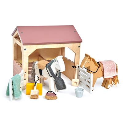 Tender Leaf Meubles de Poupées: ÉCURIE et 2 PONEYS 18,7x14,3x18cm, en bois, en boîte 18,3x15,5x20,7cm, 3+
