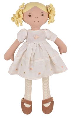 Bonikka: LINEN DOLLS 42cm / PRISCY avec des cheveux blonds et une robe en lin blanc, en boîte 22x8x42cm, 0+