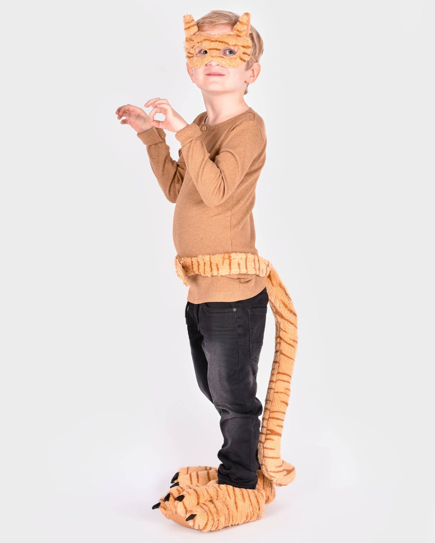 Tiger-Hausschuhe Größe EU 30-34 + Maske und Schwanz
