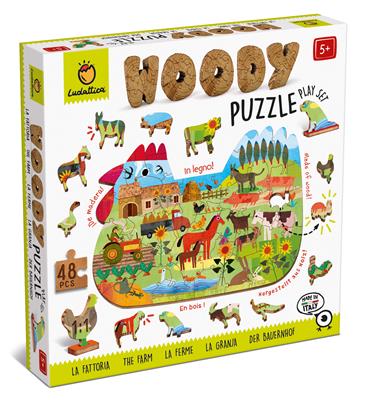 Ludattica Puzzles : WOODY PUZZLE LA FERME 25x35cm, 48 pièces, 12 figurines, en bois, 4+