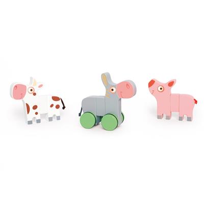 Scratch Preschool: 3 ANIMAUX DE FERME magnétiques à ROULETTES 14x2x11cm, avec cochon, vache et âne et une paire de roues, en boîte, 18m+