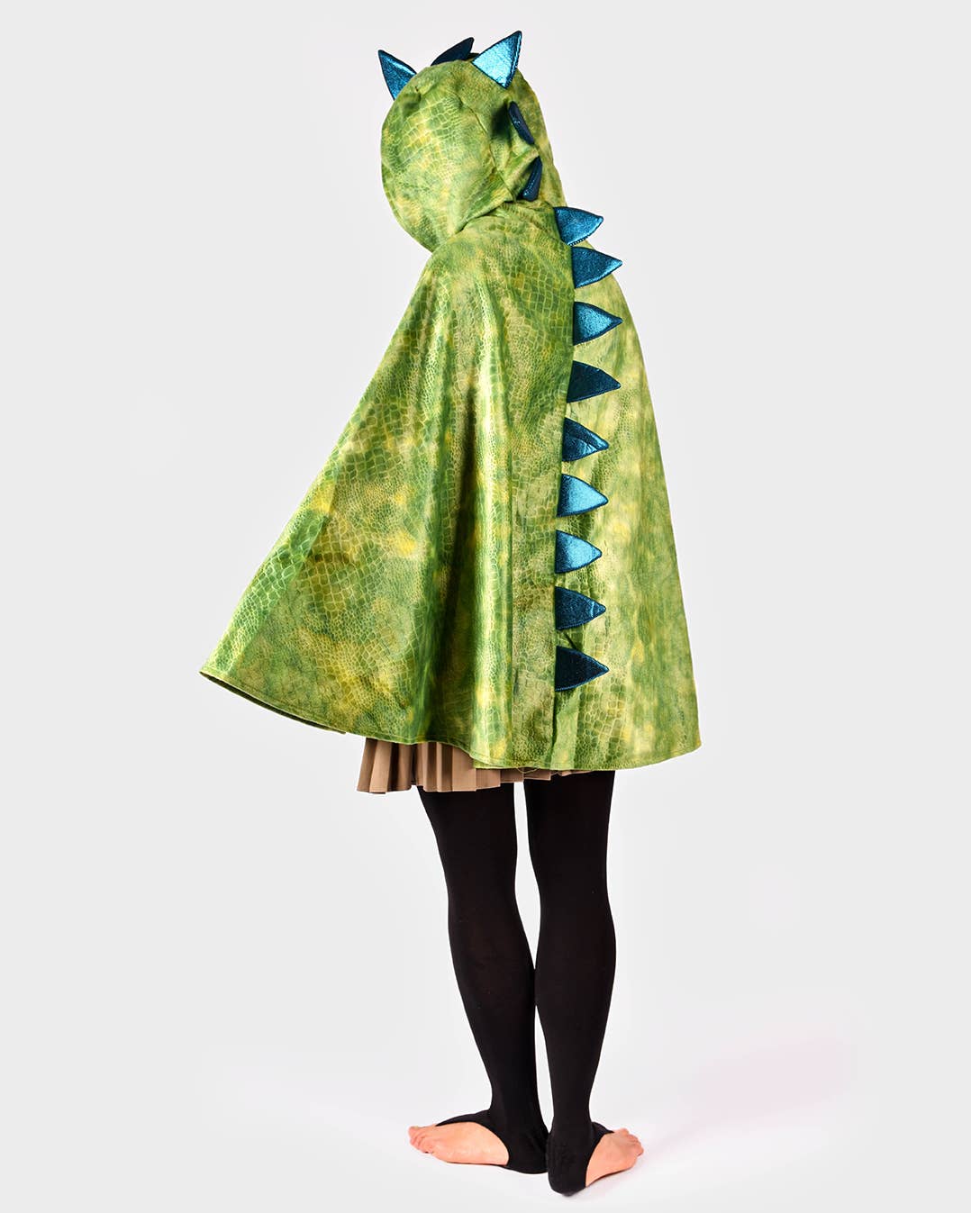 Grüner Dinosaurier-Umhang für Erwachsene mit Kapuze und metallic-blauen Zacken