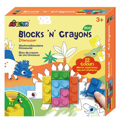 Avenir Blocks 'N Crayons: DINOSAURE, 12 couleurs et 3 formes de blocs, 3 feuilles à colorier, en cire d'abeille (10%), en boîte, 3+