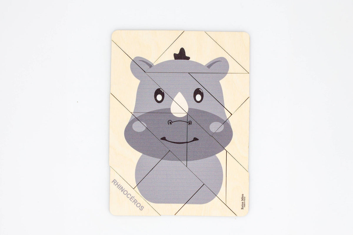 Tangram Rhinocéros en bois, 14 pièces – Reine Mère