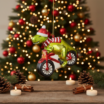 Weihnachtskugel Dinosaurier auf Fahrrad