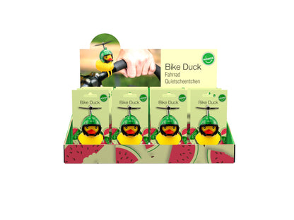 Ducken Sie sich an Fahrradlenkern mit Wassermelonenhelm