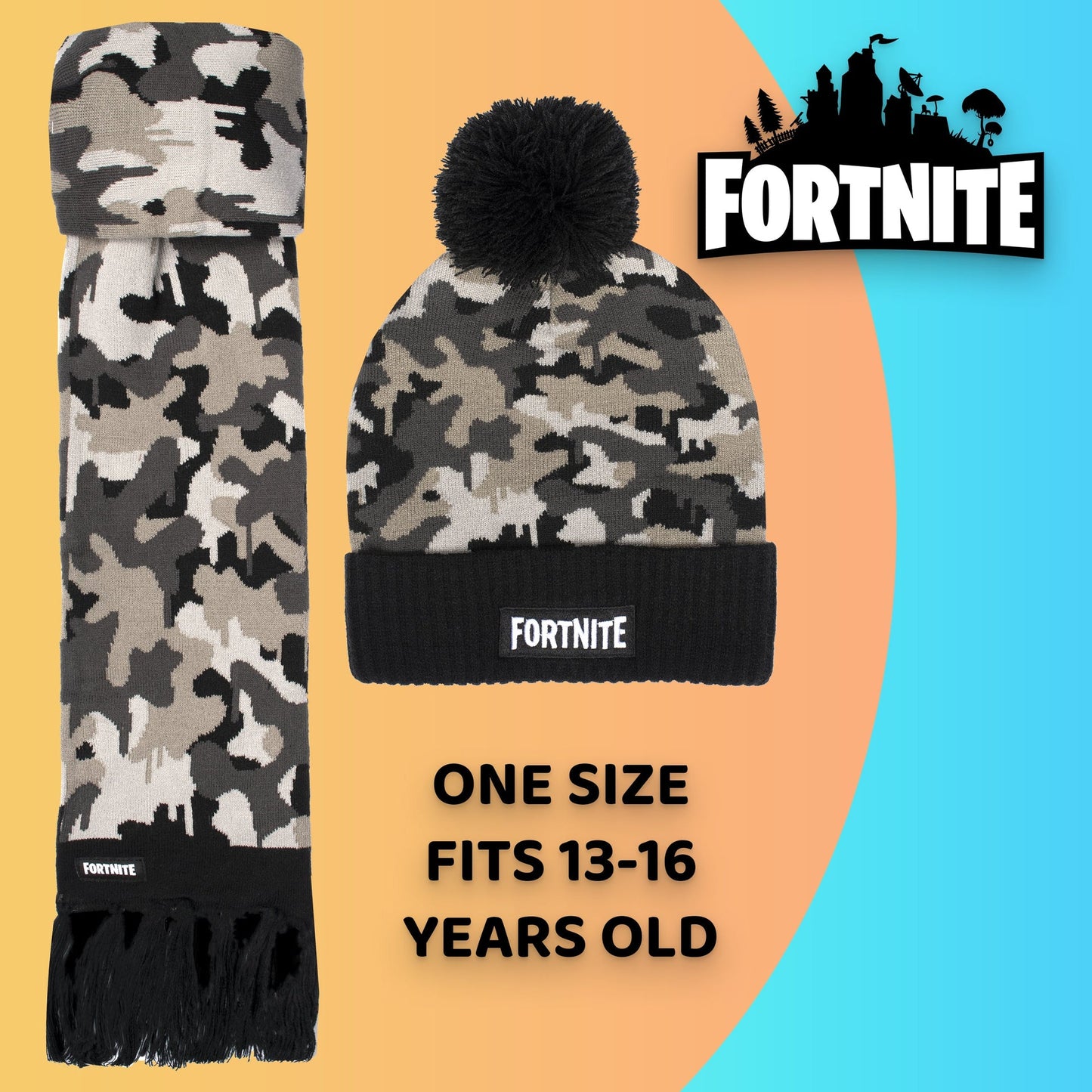Fortnite Hat & Scarf Set- Camo gris