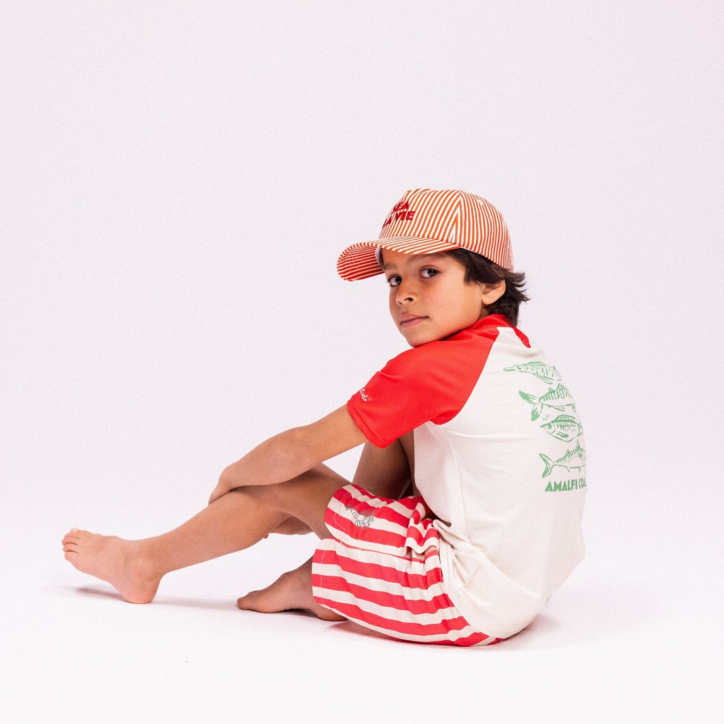 Badeshorts - Beige/Rot - Hummerstreifen