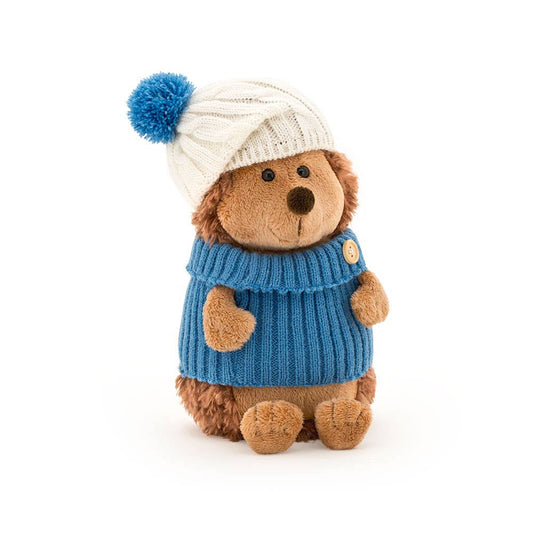 Stacheliger Igel als Plüschtier mit weiß-blauer Mütze, 15 cm