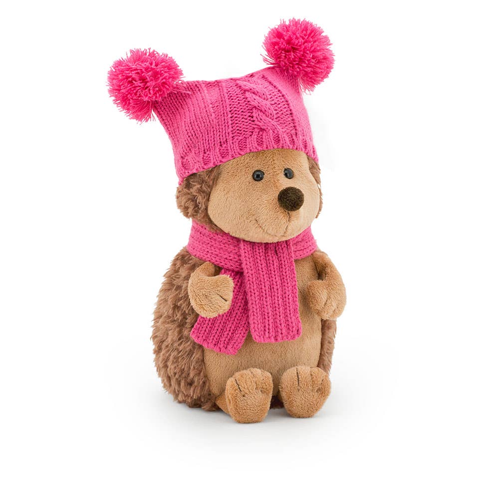 Fluffy hedgehog plush toy with double pom-pom hat, 15 cm