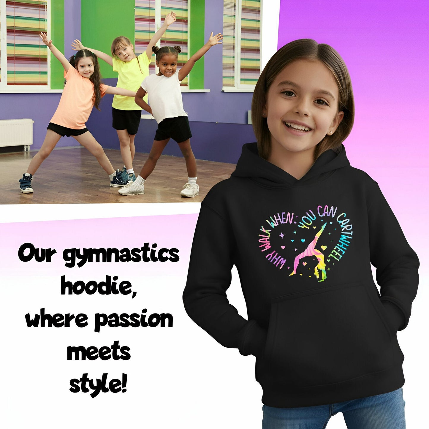 Kapuzenpullover Gymnastik – Fringoo Gymnastic aus Baumwollmischgewebe weich mit Kapuze – Gymnastic Radschlagen – schwarz