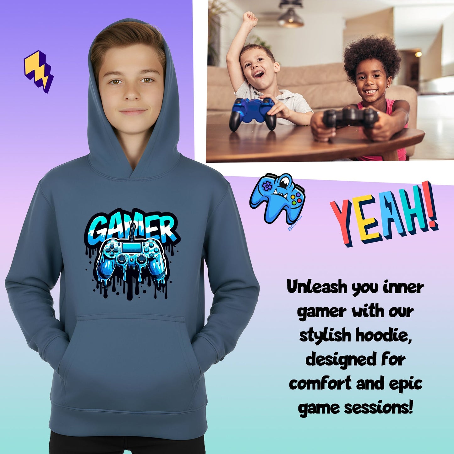 Fringoo gamer Sweat à capuche garçon Cotton Rich Soft Hooded Sweatshirt- Dripping gamer bleu