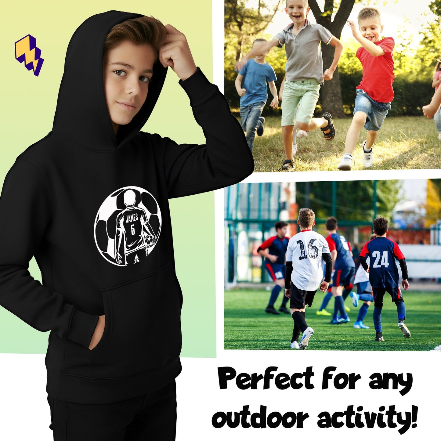 Fußball-Kapuzenpullover – Fringoo Fußball schwarz für Jungen, Baumwollreich, weich, mit Kapuze – Fußball schwarz