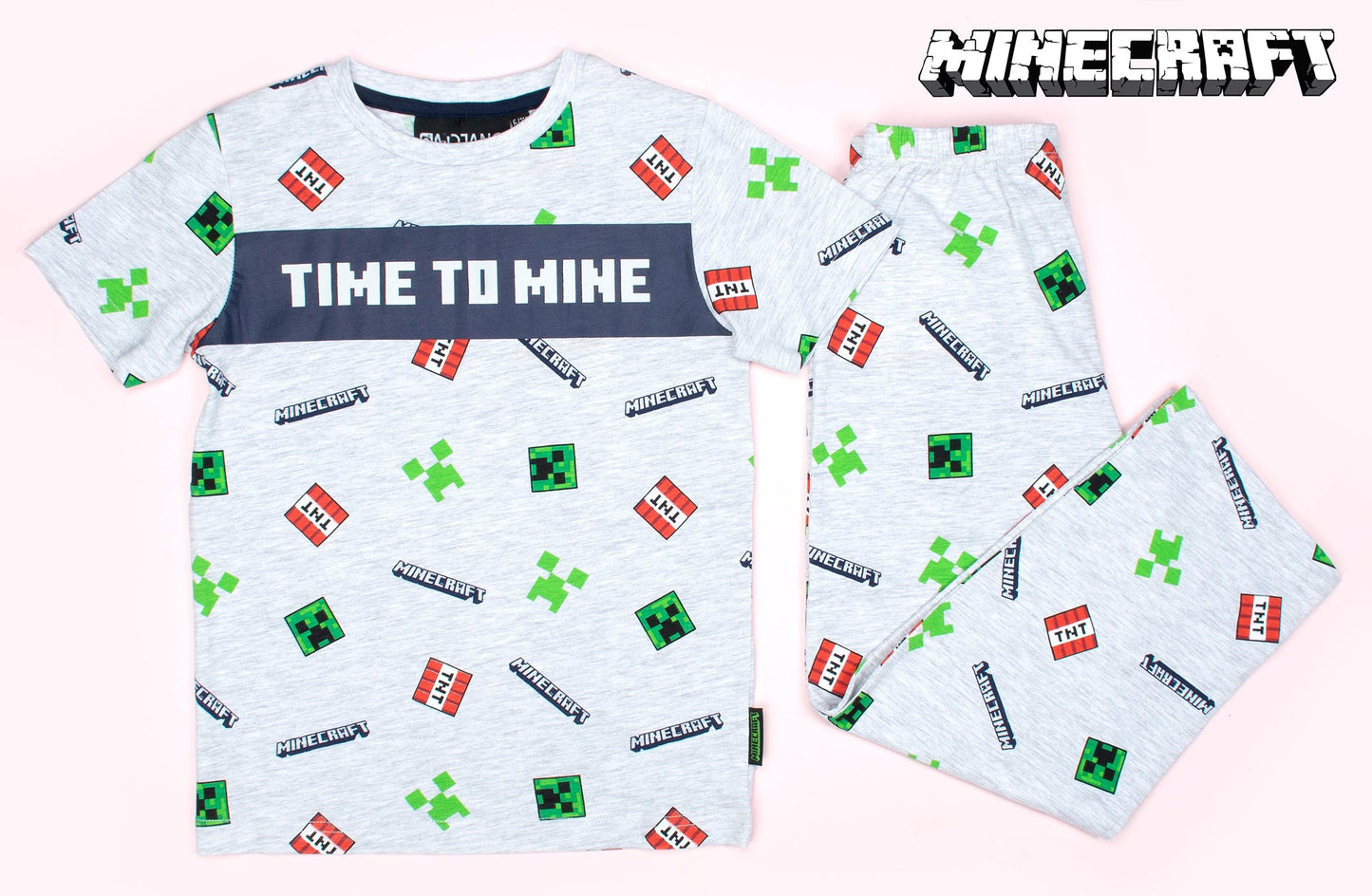 Minecraft Pyjama Short Sleeve – 'Time to Mine' gris