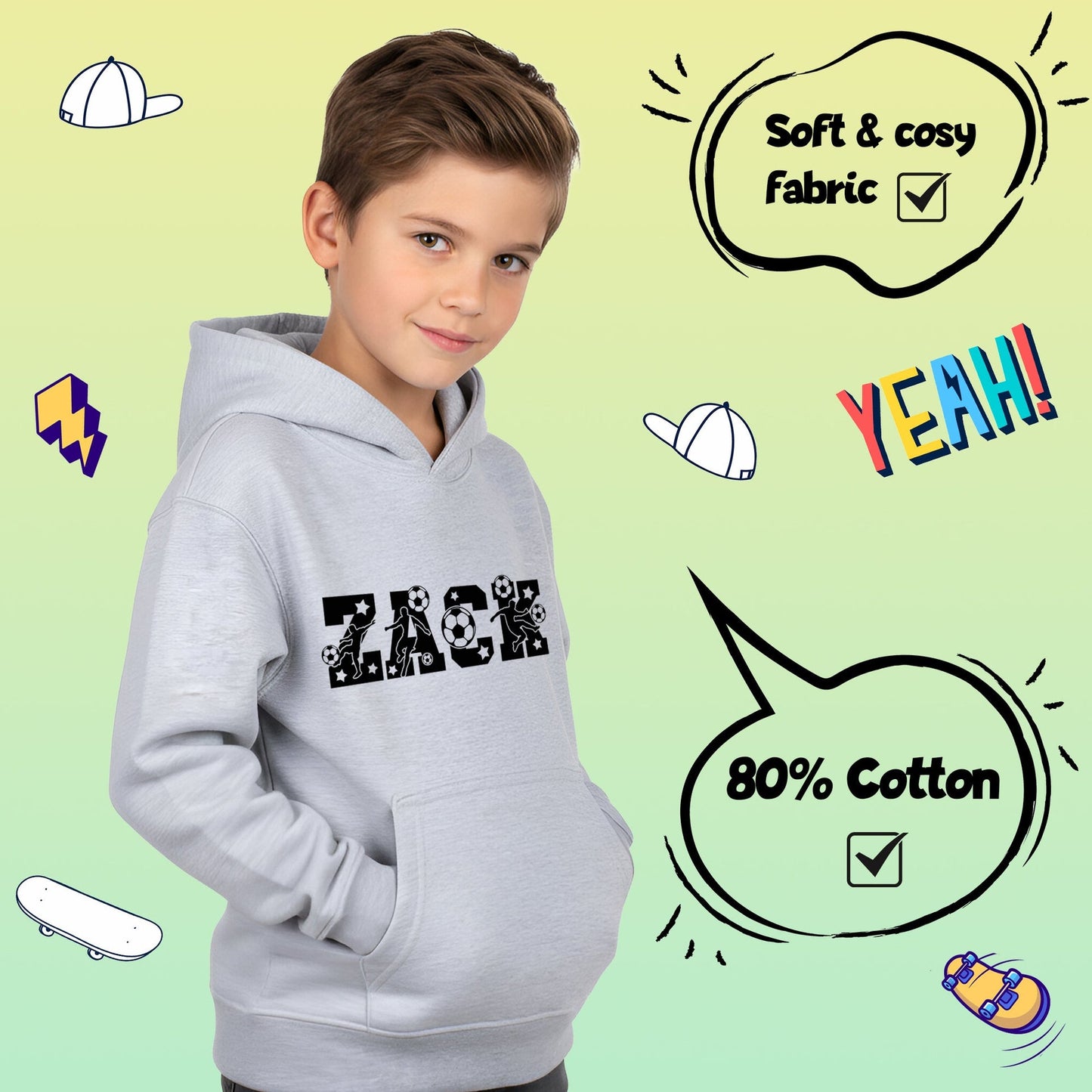 Fußball-Kapuzenpullover – Fringoo Fußball-Grau für Jungen, Baumwollreich, weicher Kapuzenpullover – Fußball-Alphabet-Grau