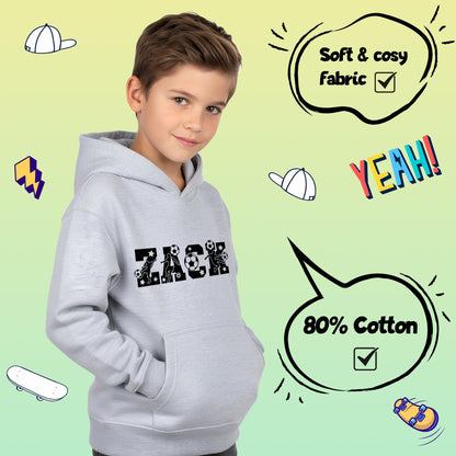 Fußball-Kapuzenpullover – Fringoo Fußball-Grau für Jungen, Baumwollreich, weicher Kapuzenpullover – Fußball-Alphabet-Grau