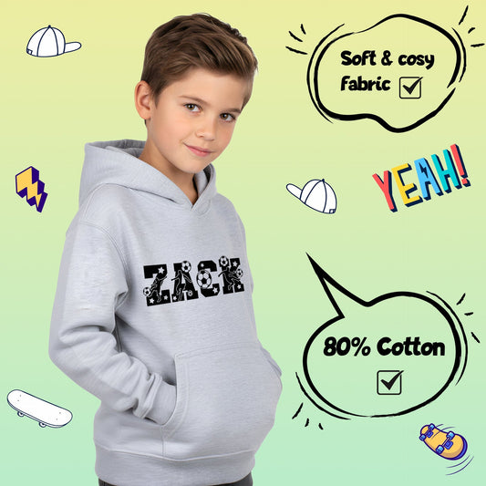 Sweat à capuche football – Fringoo football gris for Boys Cotton Rich Soft Hooded – football Alphabet gris