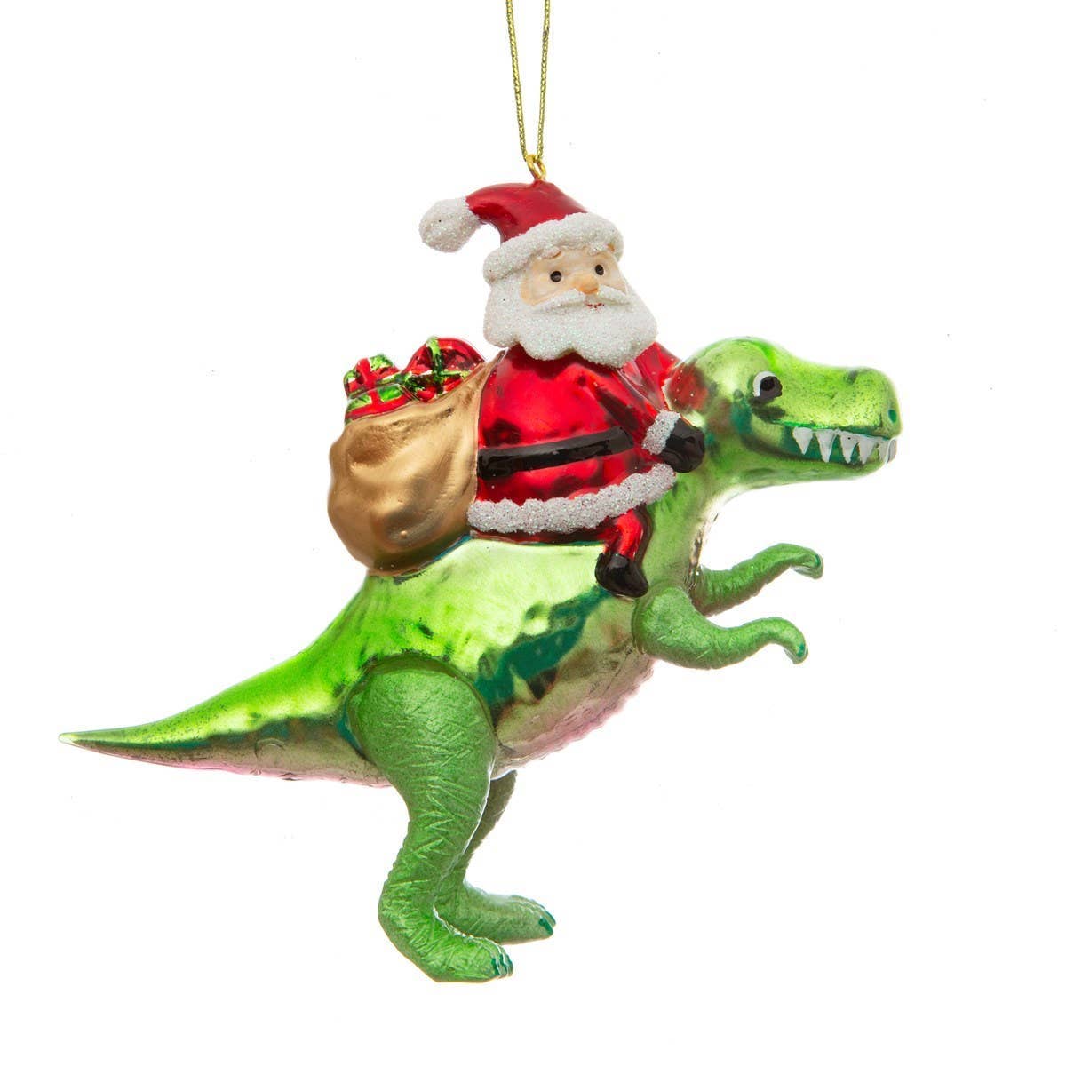 Weihnachtskugel Weihnachtsmann auf einem Dinosaurier