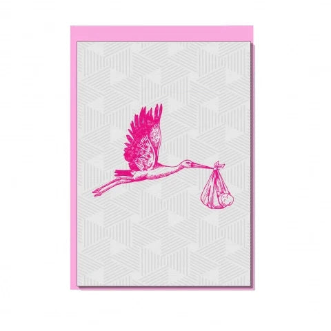 Grußkarte mit rosa Babystorch