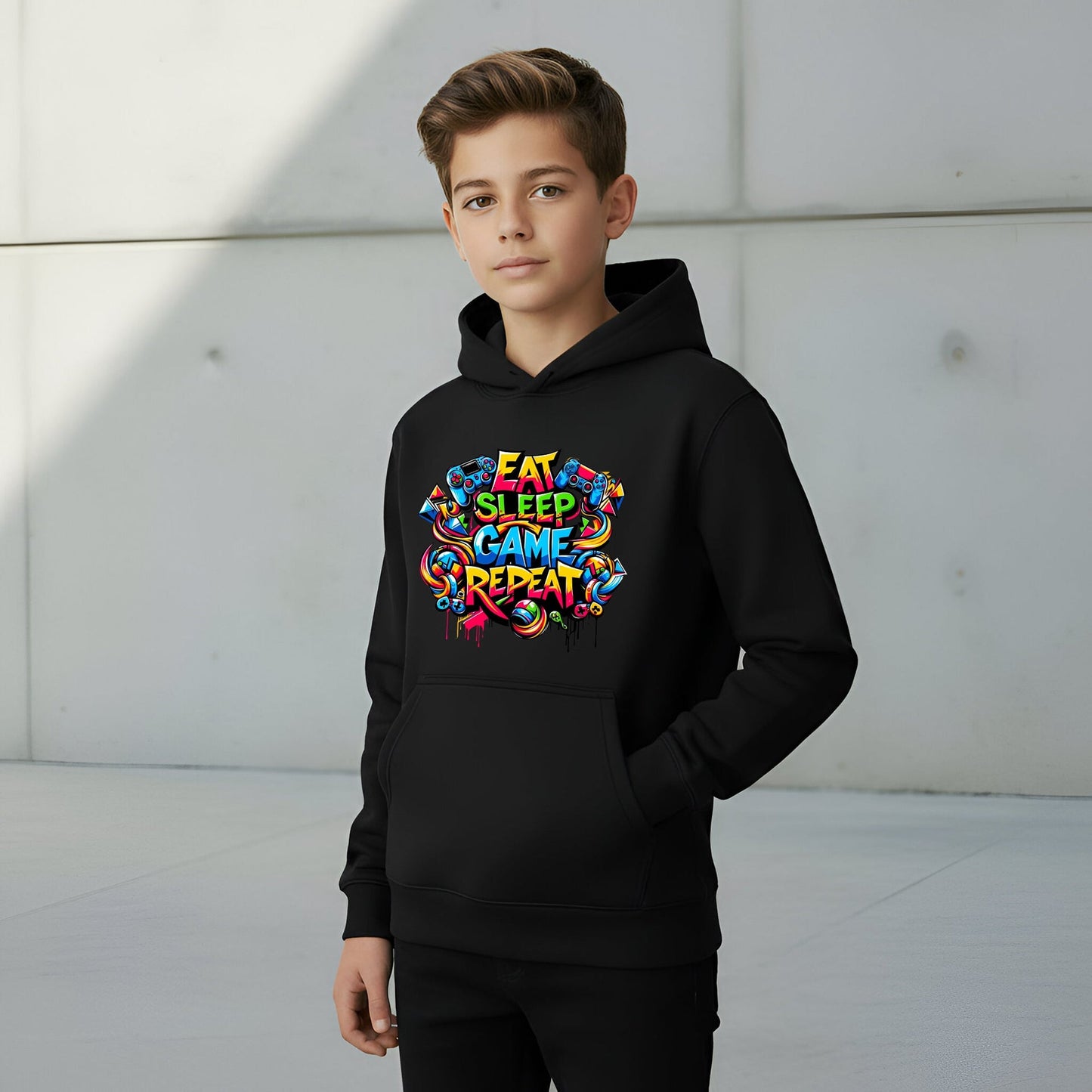 Fringoo gamer Sweat à capuche gris garçon Cotton Rich Soft Hooded Sweatshirt- Eat Game noir