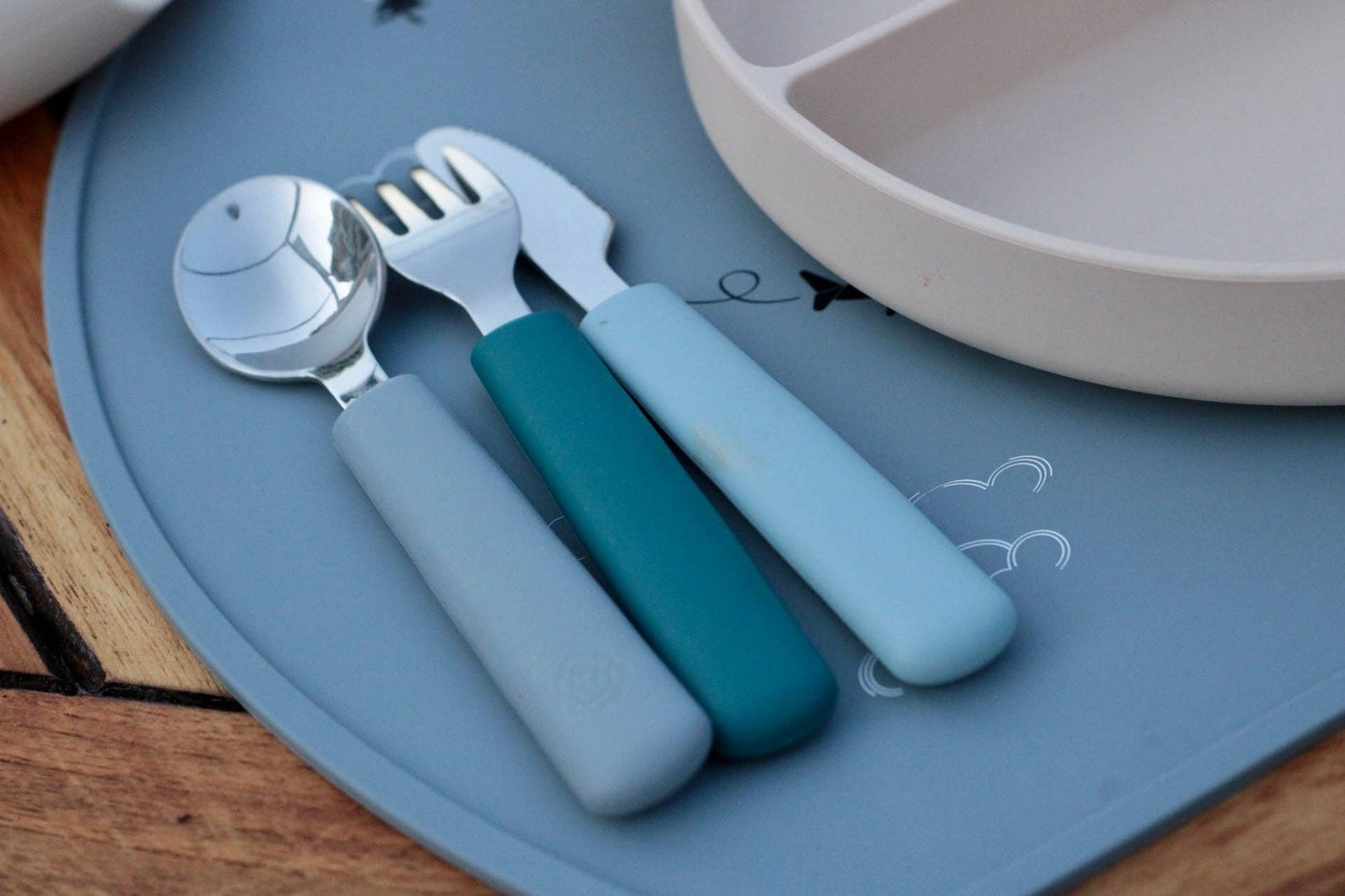 Cutlery set (fork/spoon/knife) - grey and blue