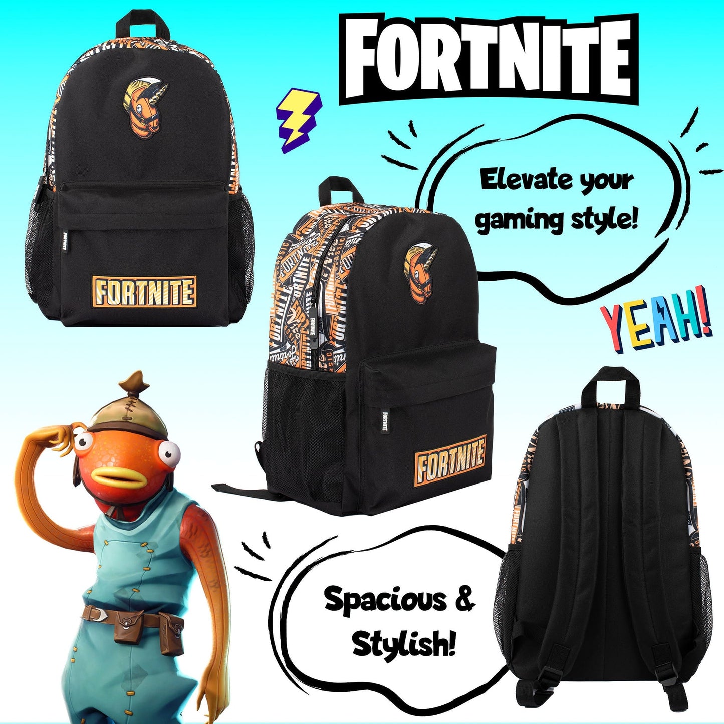 Fortnite Orange Sac à dos scolaire garçon