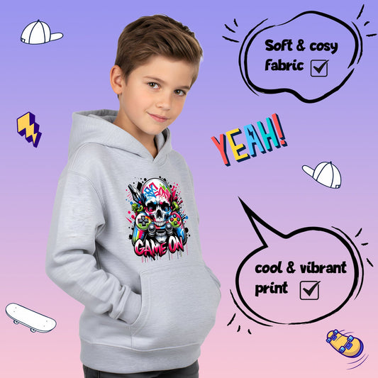 Sweat à capuche gymnastique – Fringoo gaming gris for Boys Cotton Rich Soft Hooded – Game on Skull gris