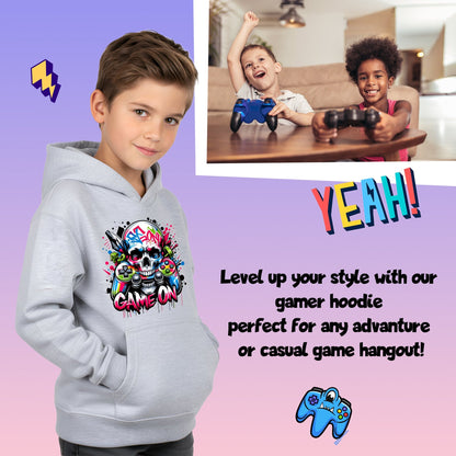Fringoo gamer Sweat à capuche gris garçon Cotton Rich Soft Hooded Sweatshirt- Game on Skull gris