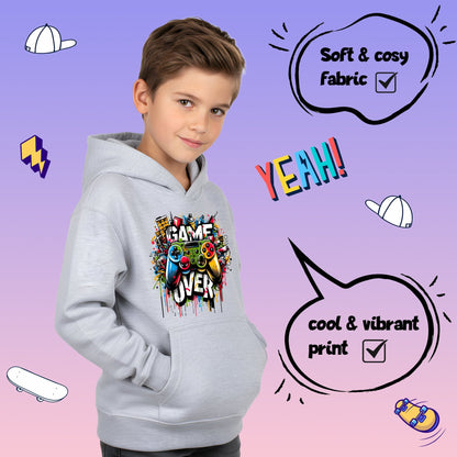 Fringoo gamer Sweat à capuche gris garçon Cotton Rich Soft Hooded Sweatshirt- Game over Graffiti gris