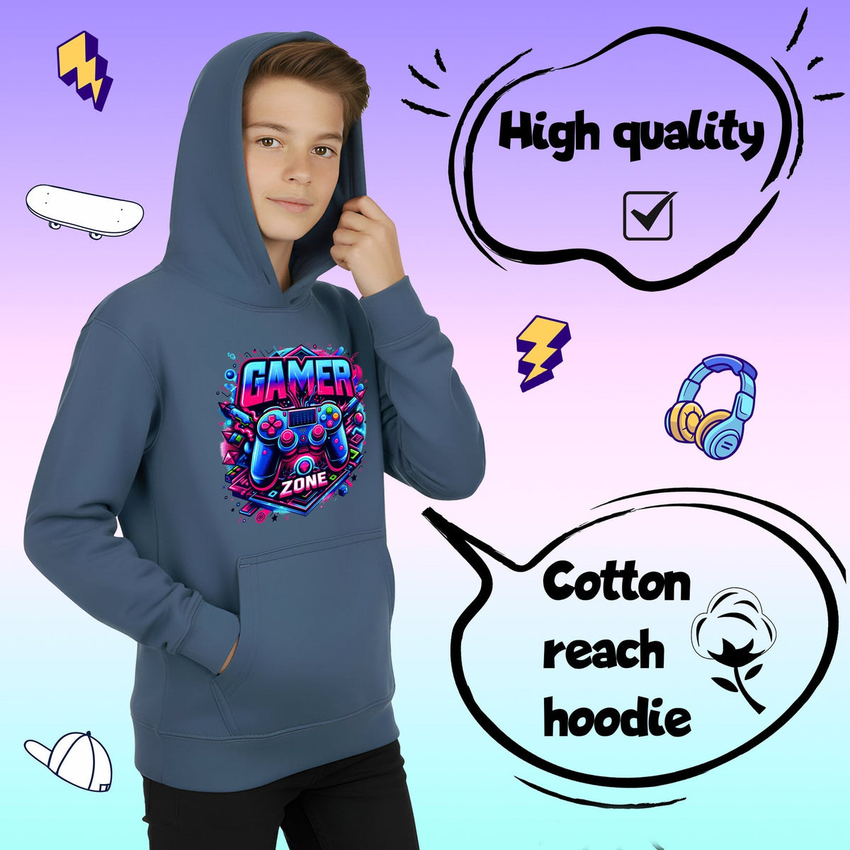 Gaming Hoodie – Fringoo Gaming for Boys Cotton Rich Soft Hooded – Gaming Zone Blau