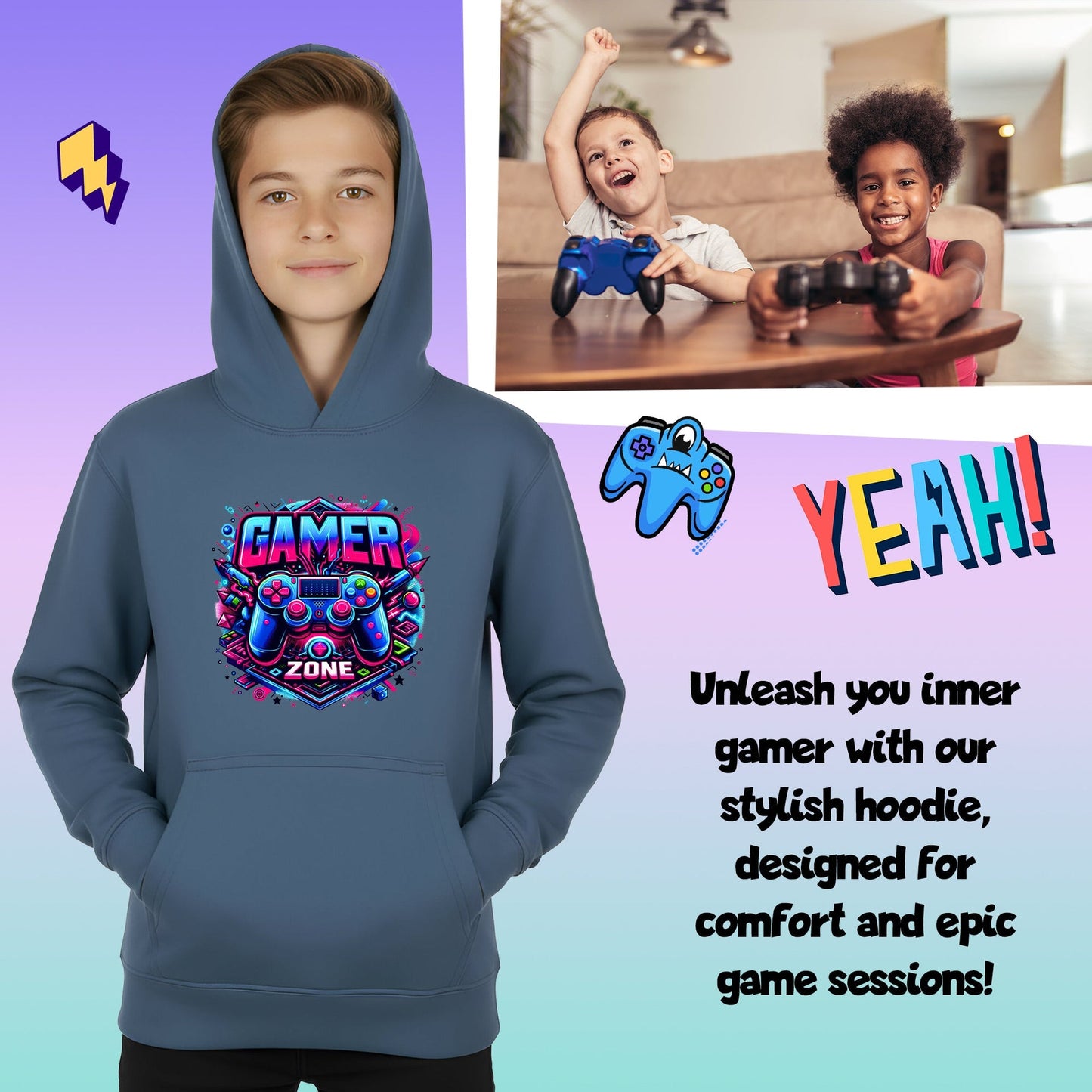 Gaming Hoodie – Fringoo Gaming for Boys Cotton Rich Soft Hooded – Gaming Zone Blau