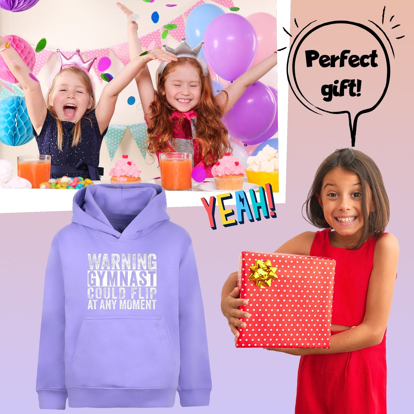 Fringoo Gymnastic Sweat à capuche for enfant Cotton Rich Soft Hooded Sweatshirt- Gymnast Warning violet