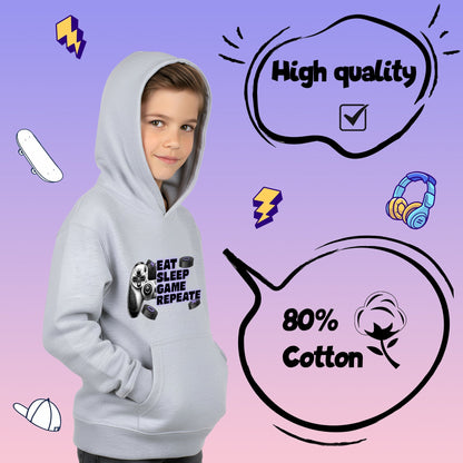 Fringoo gamer Sweat à capuche gris garçon Cotton Rich Soft Hooded Sweatshirt- Eat Game Pad gris
