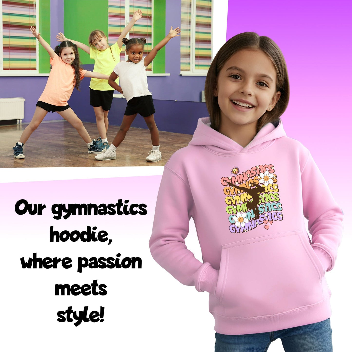 Fringoo Gymnastic Sweat à capuche for enfant Cotton Rich Soft Hooded Sweatshirt- Gymnastic Daisy- rose