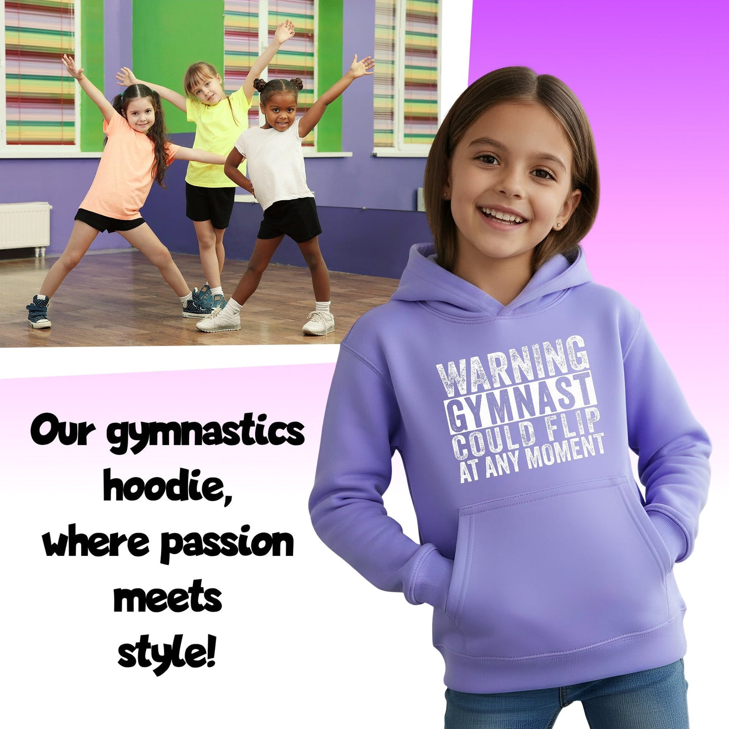 Fringoo Gymnastic Sweat à capuche for enfant Cotton Rich Soft Hooded Sweatshirt- Gymnast Warning violet